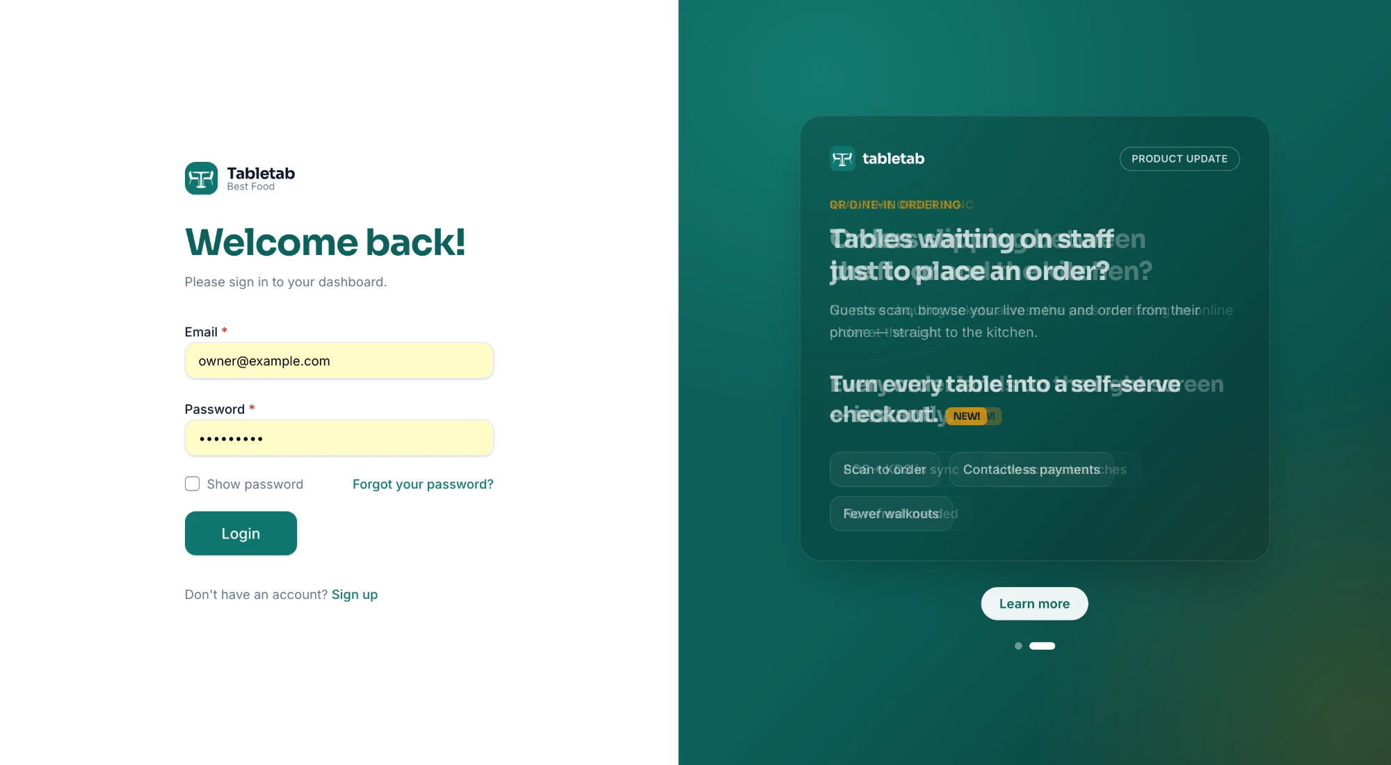 TableTab login and QR dine-in ordering screen